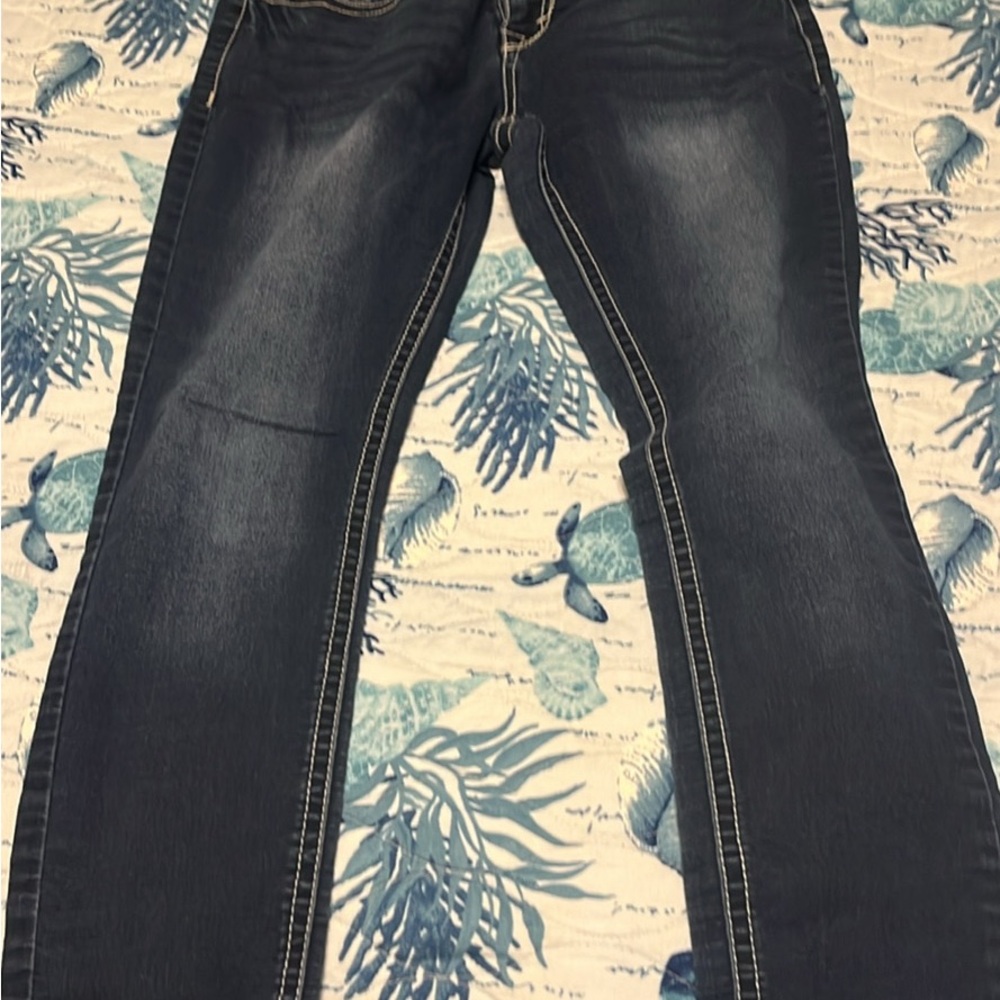 Blue Boot Cut Jeans with Fading Effect and Contrast Stitching